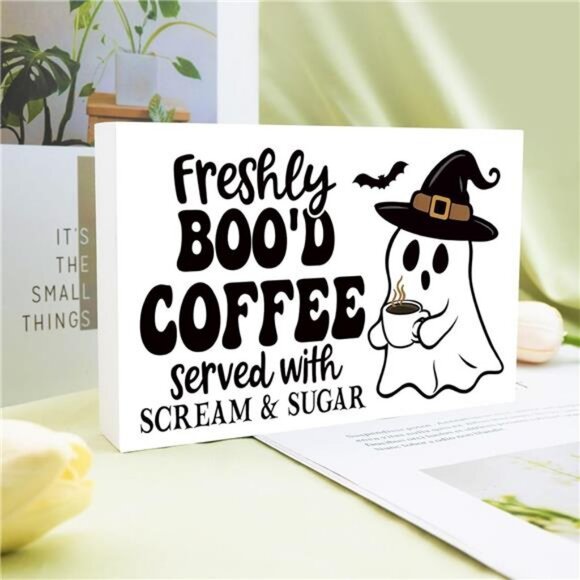 Cute Halloween Kitchen Decor Wood Box Coffee Bar Sign Halloween Signs Indoor - Picture 4 of 7